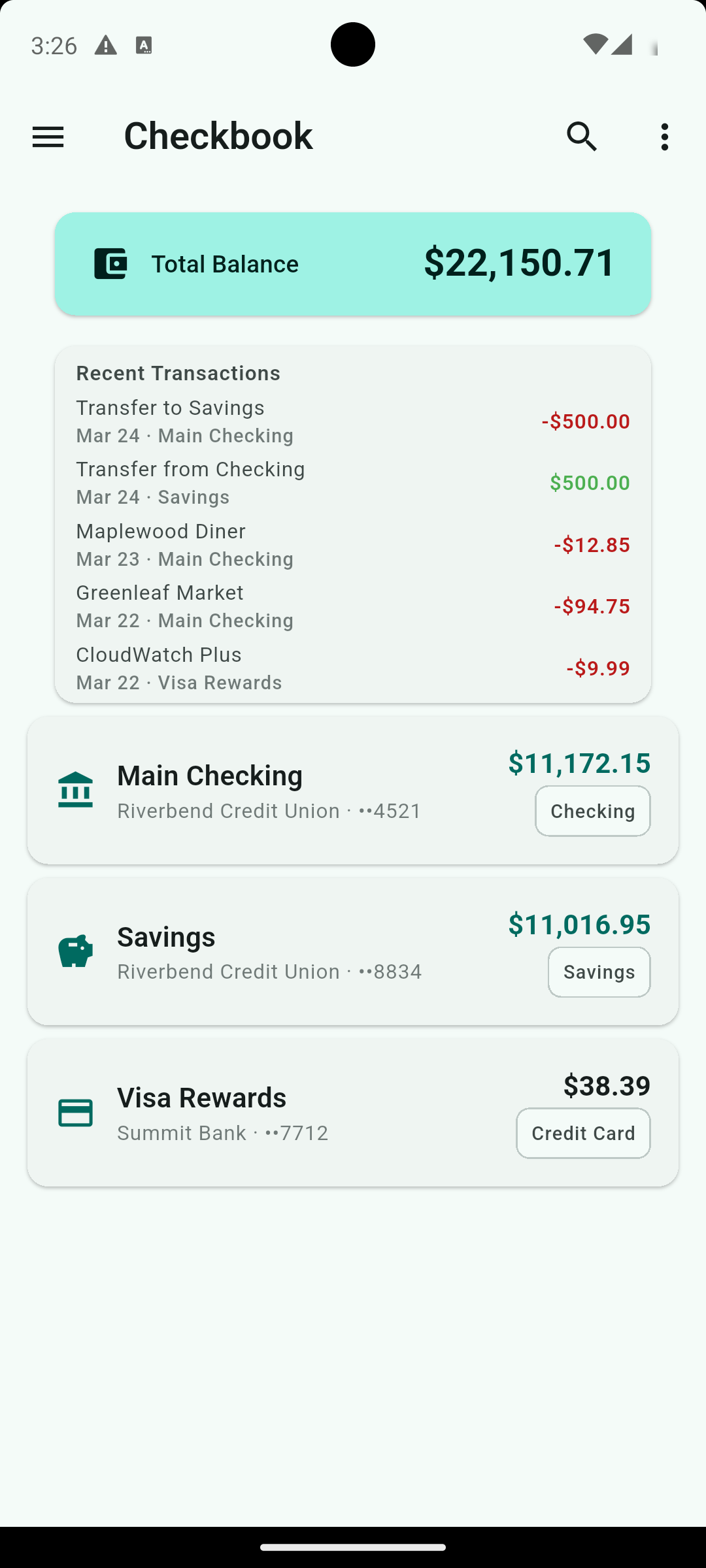 Account dashboard with balances