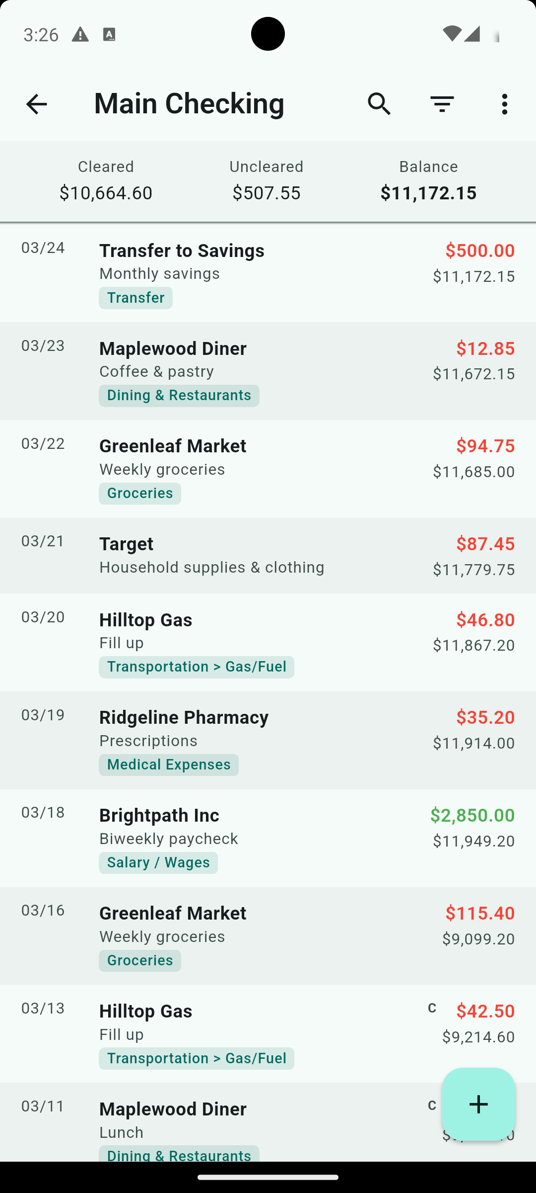 Transaction register with running balance